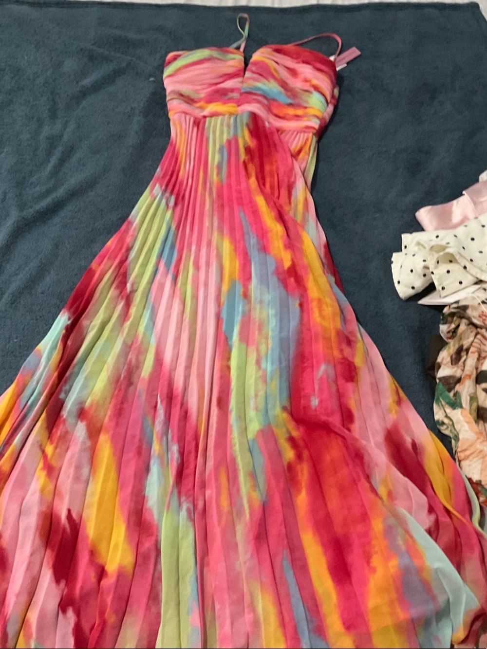 Aqua Strapless Multicolor Pleated Maxi Dress in Pink, Yellow & Blue